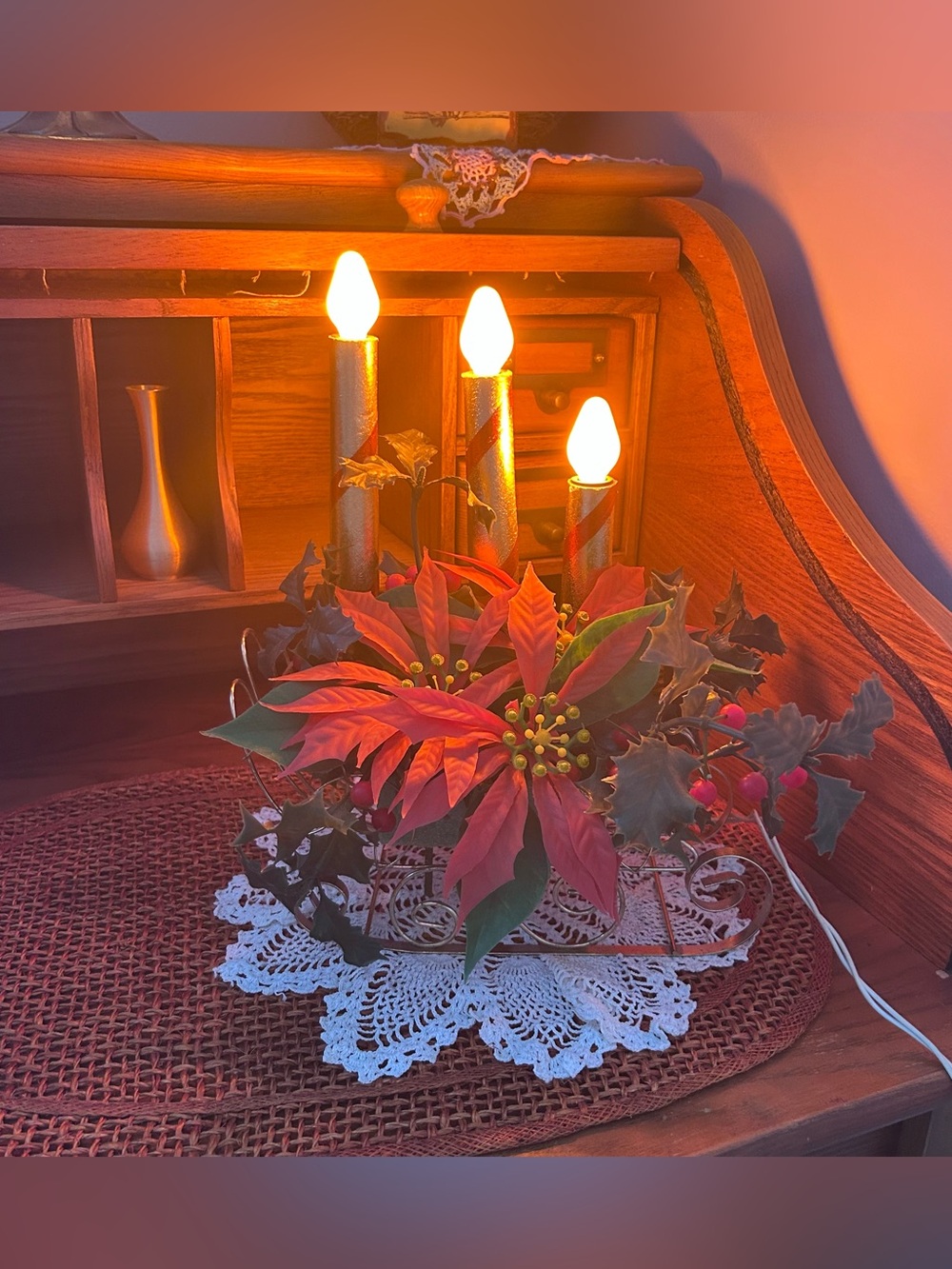 Vintage Christmas MCM Sleigh Table Decor Holly Floral Lux Retro Xmas Candelabra